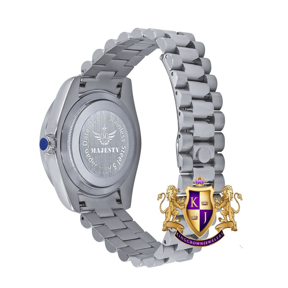 Men's Full Stainless Steel MOP Dial White Gold Tone Simulated Diamond 40mm Presidential Watch