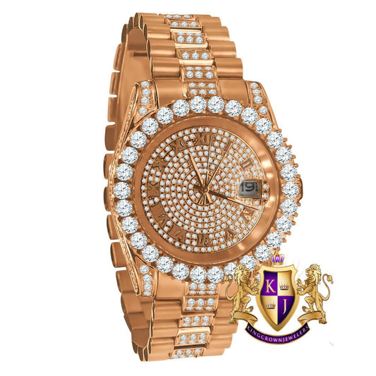 18K Rose Gold Tone Solid Full Stainless Steel Simulated Diamonds Presidential Roman Numeral Dial Watch 40mm W/Date