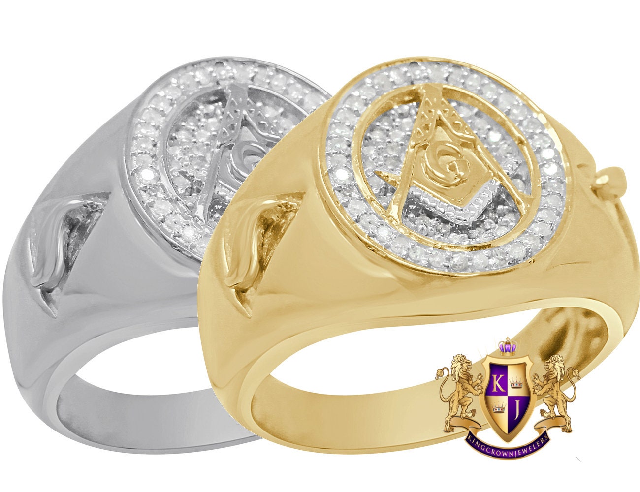 Men's Real Genuine Diamonds 0.50 Cwt Masonic Freemasonry G Compass Gold Finish Ring Band (Adjustable Size 10 Up To 11)