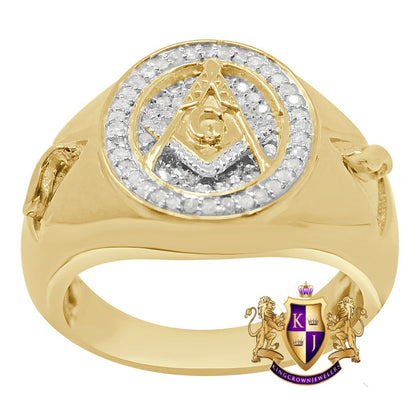 Men's Real Genuine Diamonds 0.50 Cwt Masonic Freemasonry G Compass Gold Finish Ring Band (Adjustable Size 10 Up To 11)