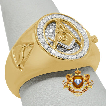Men's Real Genuine Diamonds 0.50 Cwt Masonic Freemasonry G Compass Gold Finish Ring Band (Adjustable Size 10 Up To 11)