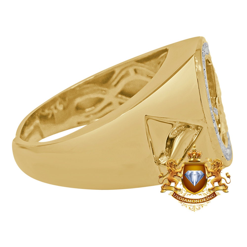 Men's Real Genuine Diamonds 0.50 Cwt Masonic Freemasonry G Compass Gold Finish Ring Band (Adjustable Size 10 Up To 11)