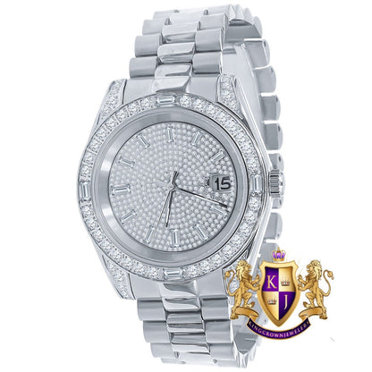Mens Solid Stainless Steel 18K White Gold Finish White Dial Simulated Diamond 40mm Presidential Watch W/Date Function