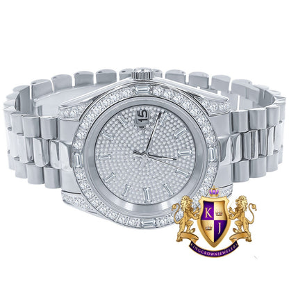 Mens Solid Stainless Steel 18K White Gold Finish White Dial Simulated Diamond 40mm Presidential Watch W/Date Function