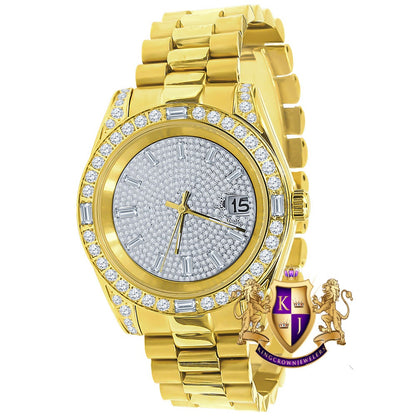 Mens Solid Stainless Steel 18K Yellow Gold Finish White Dial Simulated Diamond 40mm Presidential Watch W/Date Function