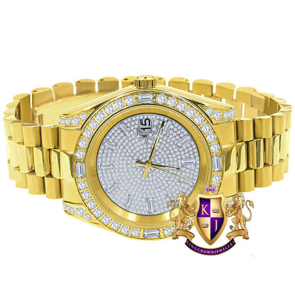 Mens Solid Stainless Steel 18K Yellow Gold Finish White Dial Simulated Diamond 40mm Presidential Watch W/Date Function