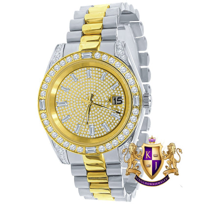 Mens Solid Stainless Steel 2 Tone 18K Gold Finish Simulated Diamond 40mm Presidential Watch W/Date Function