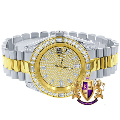 Mens Solid Stainless Steel 2 Tone 18K Gold Finish Simulated Diamond 40mm Presidential Watch W/Date Function