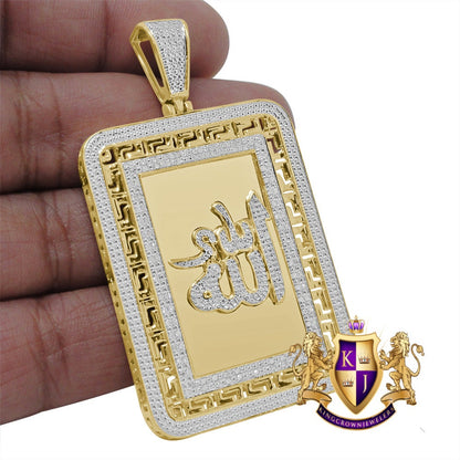 Real Genuine Authentic Diamond 28+ Grams Allah God Muslim Arabic Islamic Greek Frame Style Pendent 10K Solid Gold Finish Charm Big 2.75''