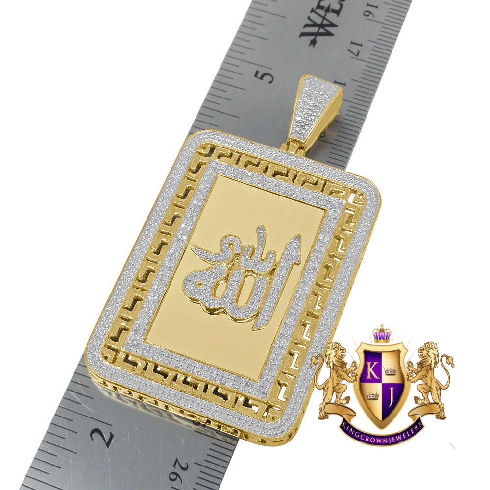 Real Genuine Authentic Diamond 28+ Grams Allah God Muslim Arabic Islamic Greek Frame Style Pendent 10K Solid Gold Finish Charm Big 2.75''