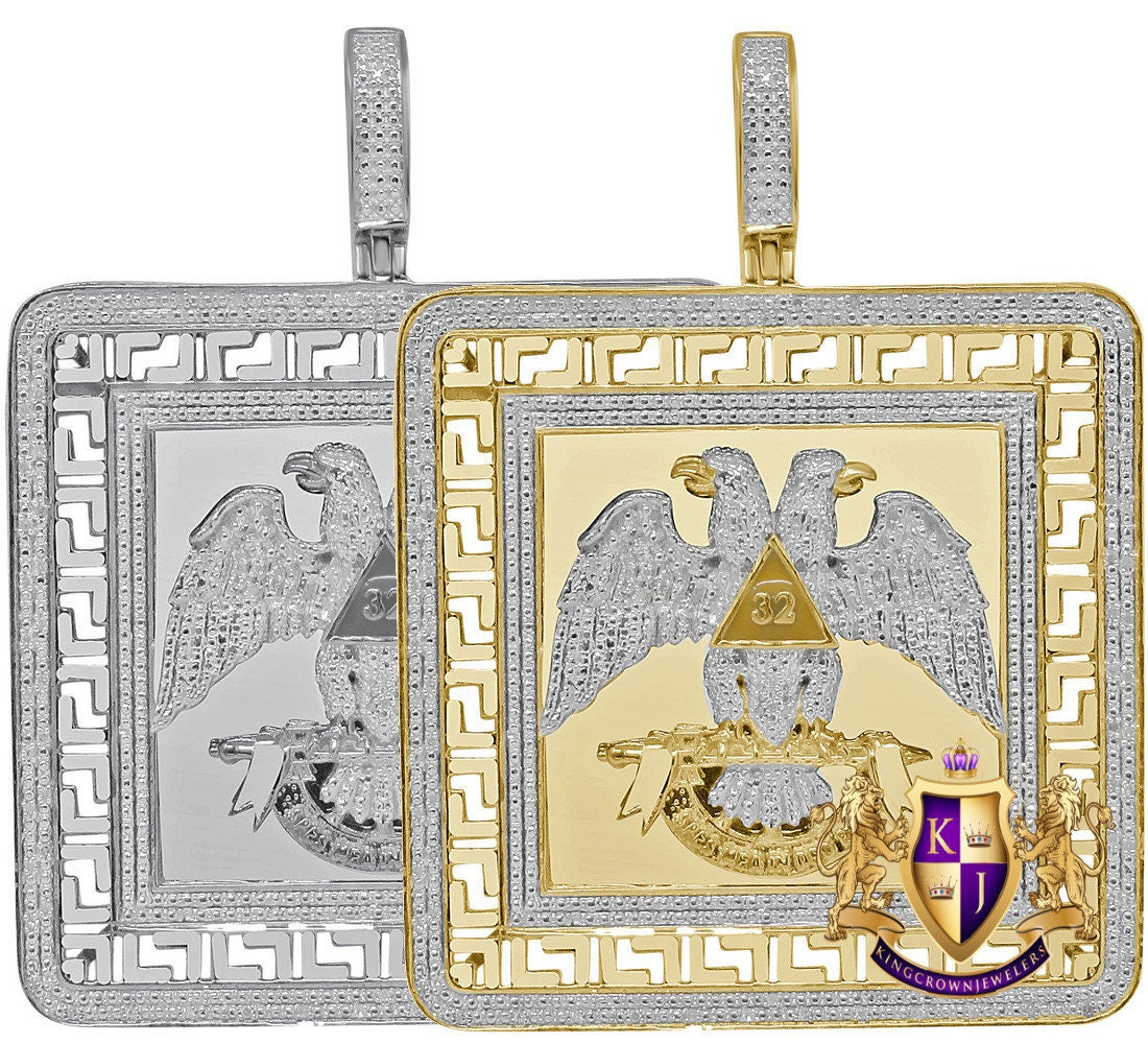 Men's Real Genuine Diamond Scottish Rite 32nd Degree Masonic Eagle Freemason Frame Style Pendent Charm 2.75''