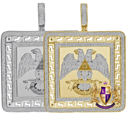 Men's Real Genuine Diamond Scottish Rite 32nd Degree Masonic Eagle Freemason Frame Style Pendent Charm 2.75''