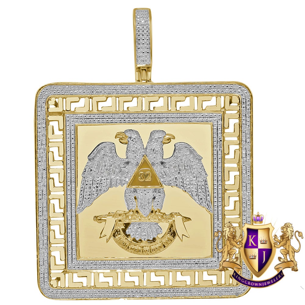 Men's Real Genuine Diamond Scottish Rite 32nd Degree Masonic Eagle Freemason Frame Style Pendent Charm 2.75''
