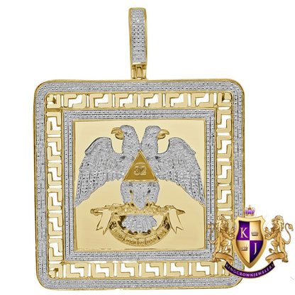 Men's Real Genuine Diamond Scottish Rite 32nd Degree Masonic Eagle Freemason Frame Style Pendent Charm 2.75''