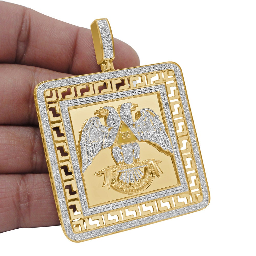 Men's Real Genuine Diamond Scottish Rite 32nd Degree Masonic Eagle Freemason Frame Style Pendent Charm 2.75''