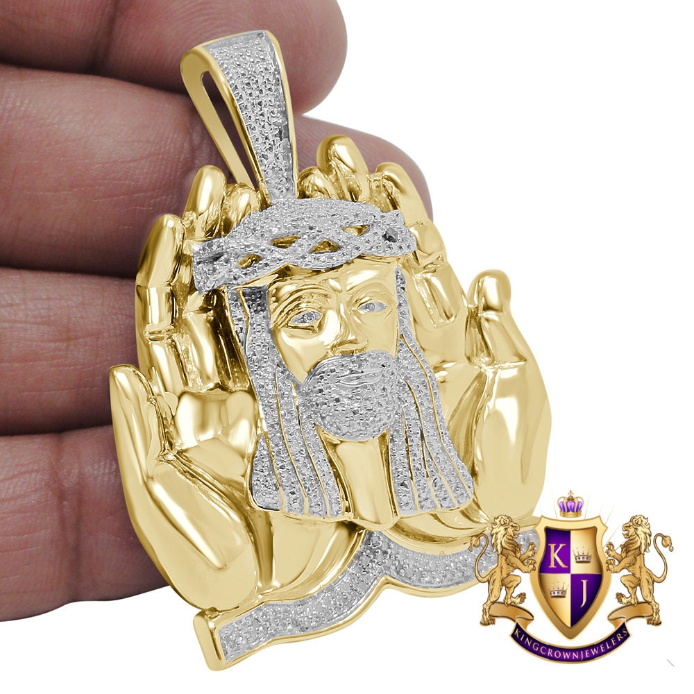 Real Genuine Diamond Praying Hands Jesus Face Piece Custom Pendent 10K Gold Finish Over Charm 32+ Grams