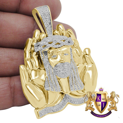 Real Genuine Diamond Praying Hands Jesus Face Piece Custom Pendent 10K Gold Finish Over Charm 32+ Grams