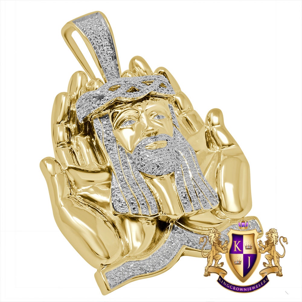 Real Genuine Diamond Praying Hands Jesus Face Piece Custom Pendent 10K Gold Finish Over Charm 32+ Grams