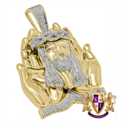 Real Genuine Diamond Praying Hands Jesus Face Piece Custom Pendent 10K Gold Finish Over Charm 32+ Grams