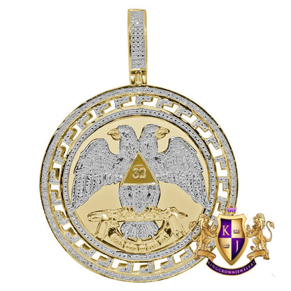 Real Genuine Diamond Scottish Rite 32nd Degree Masonic Eagle Freemason Round Greek Pendent Charm 2.60''
