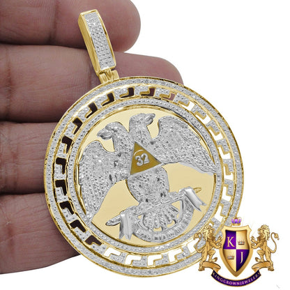 Real Genuine Diamond Scottish Rite 32nd Degree Masonic Eagle Freemason Round Greek Pendent Charm 2.60''