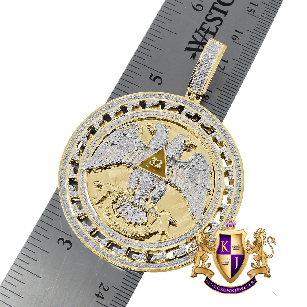Real Genuine Diamond Scottish Rite 32nd Degree Masonic Eagle Freemason Round Greek Pendent Charm 2.60''