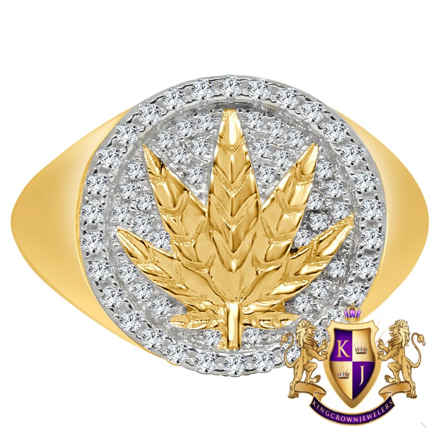 Men's 10K Yellow Gold Over Real Genuine Sterling Silver Weed Marijuana Leaf Plant Ring Band