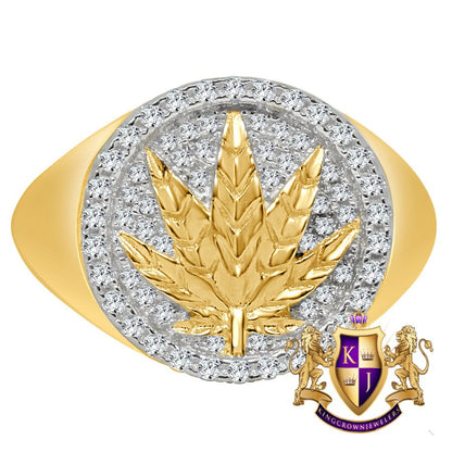 Men's 10K Yellow Gold Over Real Genuine Sterling Silver Weed Marijuana Leaf Plant Ring Band