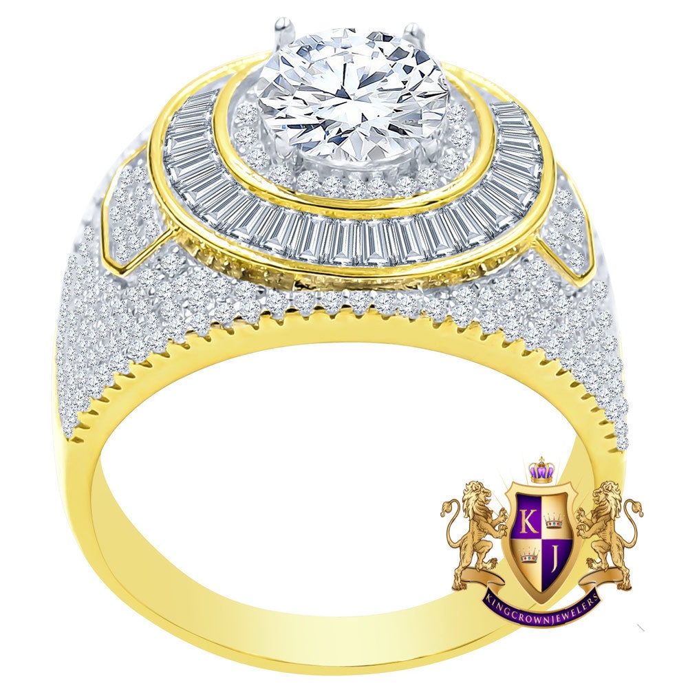 Big Bold Real Genuine Sterling Silver Simulated Diamond 14K Gold Finish Men's Wedding Engagement Ring Band