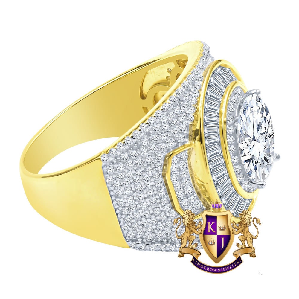 Big Bold Real Genuine Sterling Silver Simulated Diamond 14K Gold Finish Men's Wedding Engagement Ring Band