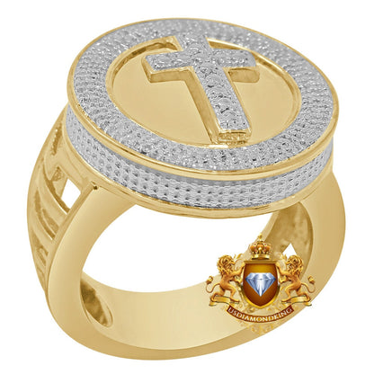Men's Real Genuine Authentic Diamond 0.40 Cwt Holy Jesus Cross 10K Gold Finish Ring Band