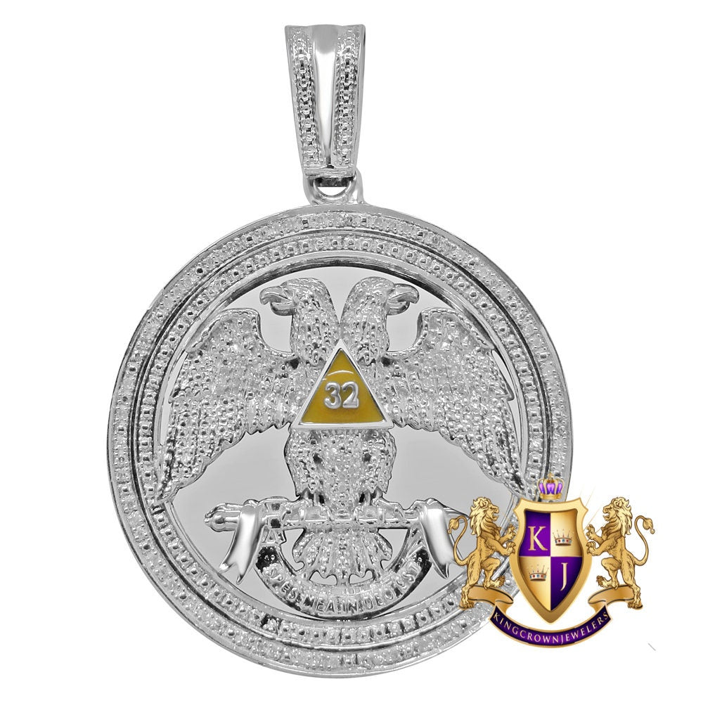 Mens Real Genuine Diamond Scottish Rite 32nd Degree Masonic Eagle Freemason Round  Pendent Charm Medallion 2.35''