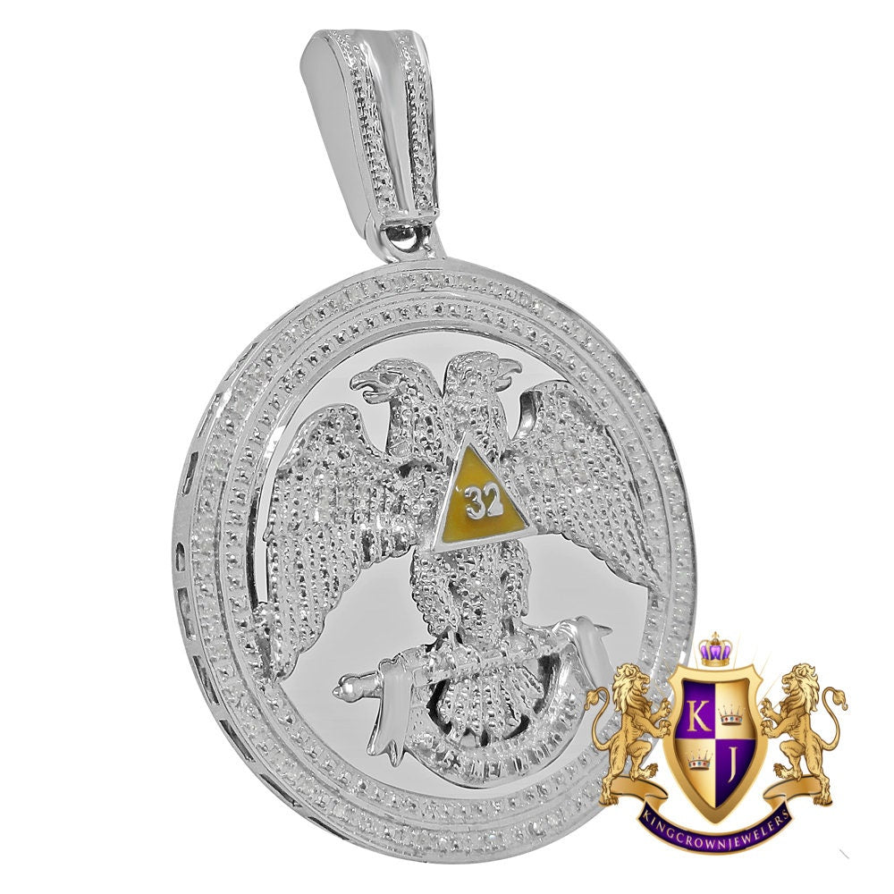 Mens Real Genuine Diamond Scottish Rite 32nd Degree Masonic Eagle Freemason Round  Pendent Charm Medallion 2.35''
