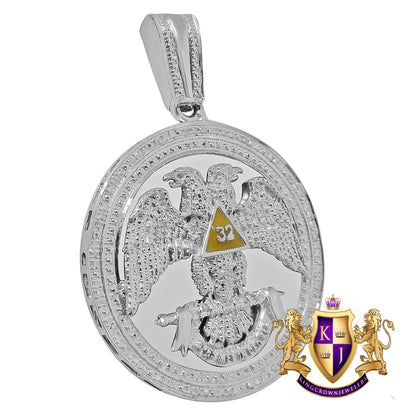 Mens Real Genuine Diamond Scottish Rite 32nd Degree Masonic Eagle Freemason Round  Pendent Charm Medallion 2.35''
