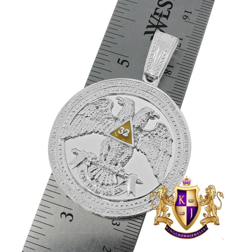 Mens Real Genuine Diamond Scottish Rite 32nd Degree Masonic Eagle Freemason Round  Pendent Charm Medallion 2.35''