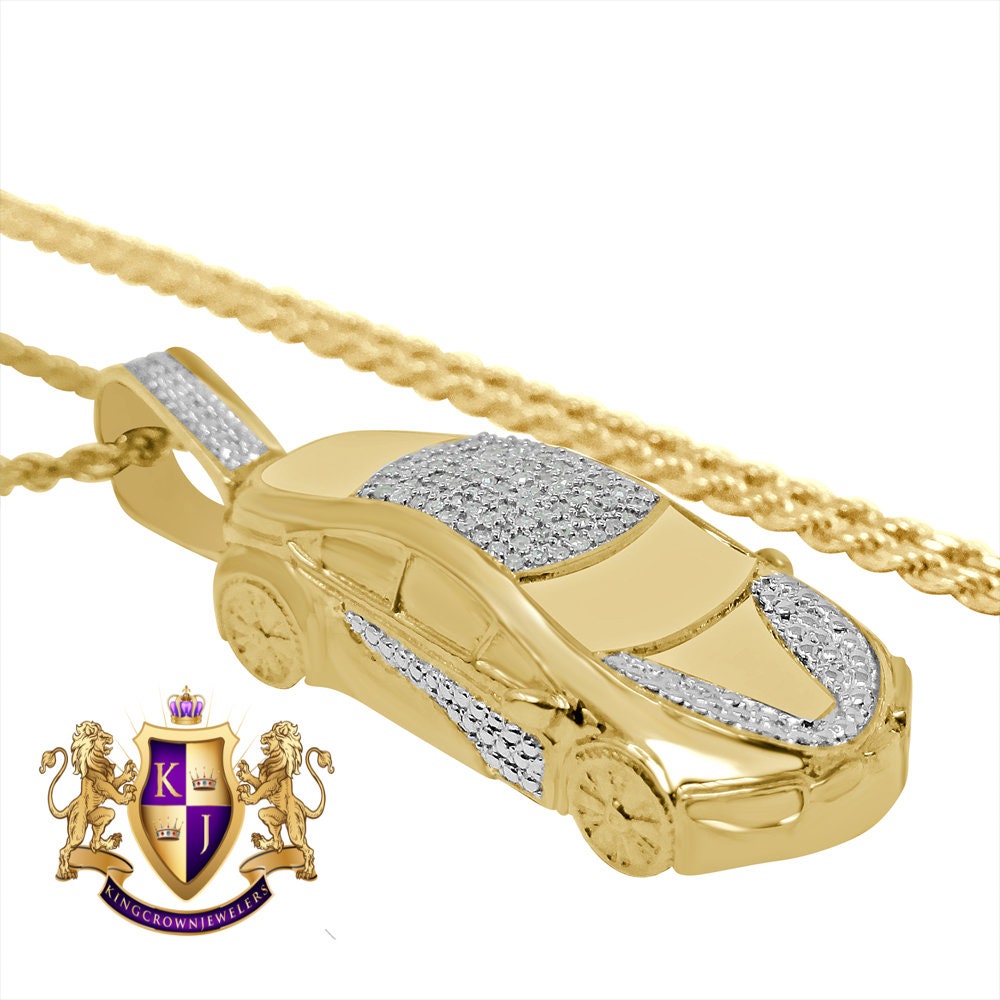 Real Genuine Authentic Diamond 0.33 Cwt. 10K Gold Finish Ferrari Custom Sport Car Charm Pendent Chain Set