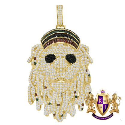 Custom Rasta Jamaican Lion Face Bling Glasses Pendant Simulated Diamonds Charm 14K Yellow Gold Finish 2.75''