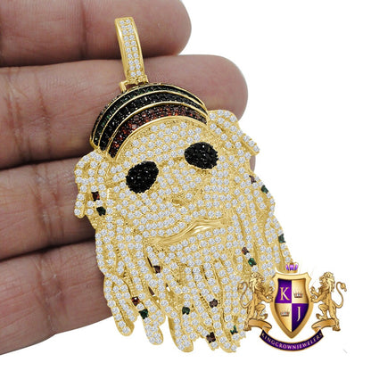 Custom Rasta Jamaican Lion Face Bling Glasses Pendant Simulated Diamonds Charm 14K Yellow Gold Finish 2.75''