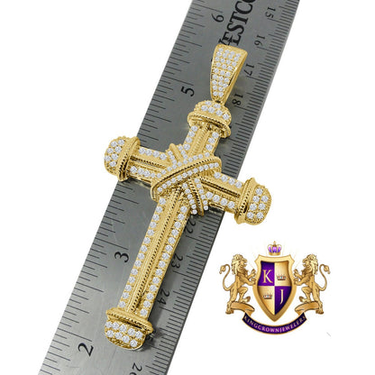 Big 2.75'' Real Genuine Sterling Silver 14K Gold Finish Simulated Diamond Holy Jesus Cross Custom Pendent Charm