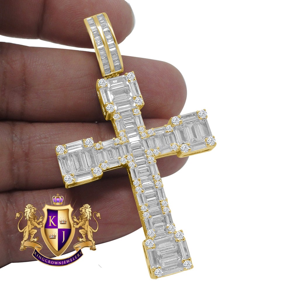 Baguette Big 2.75'' 14K Gold Finish Simulated Diamond Jesus Cross Custom Pendent Charm