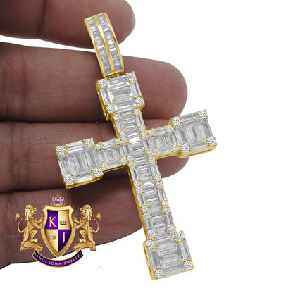 Baguette Big 2.75'' 14K Gold Finish Simulated Diamond Jesus Cross Custom Pendent Charm