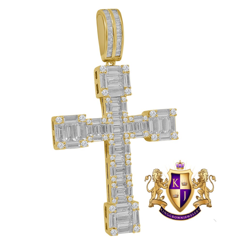 Baguette Big 2.75'' 14K Gold Finish Simulated Diamond Jesus Cross Custom Pendent Charm