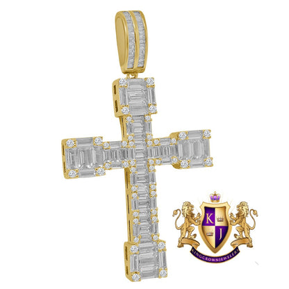 Baguette Big 2.75'' 14K Gold Finish Simulated Diamond Jesus Cross Custom Pendent Charm