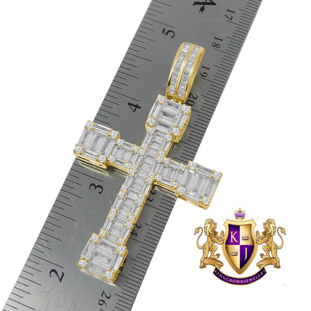 Baguette Big 2.75'' 14K Gold Finish Simulated Diamond Jesus Cross Custom Pendent Charm