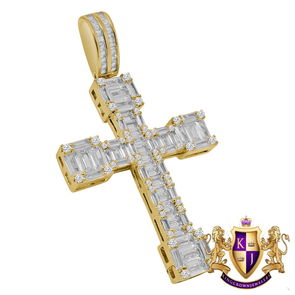 Baguette Big 2.75'' 14K Gold Finish Simulated Diamond Jesus Cross Custom Pendent Charm