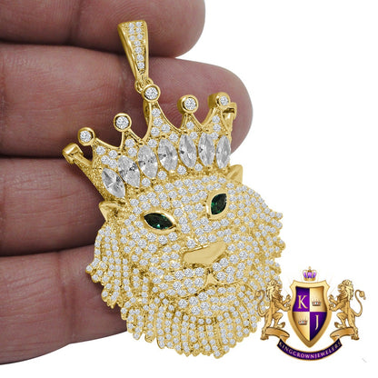Men's Baguette Custom Piece Simulated Diamond Green Emerald Eye Lion Head Crown Face Pendent Charm 2.25''