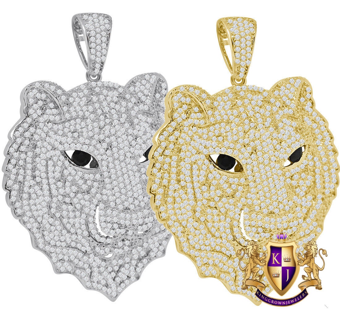 Men's Custom Piece Black Onyx Eye Lion Head 14K Gold Finish Simulated Diamonds Pave Pendent Charm