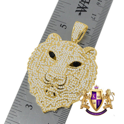 Men's Custom Piece Black Onyx Eye Lion Head 14K Gold Finish Simulated Diamonds Pave Pendent Charm