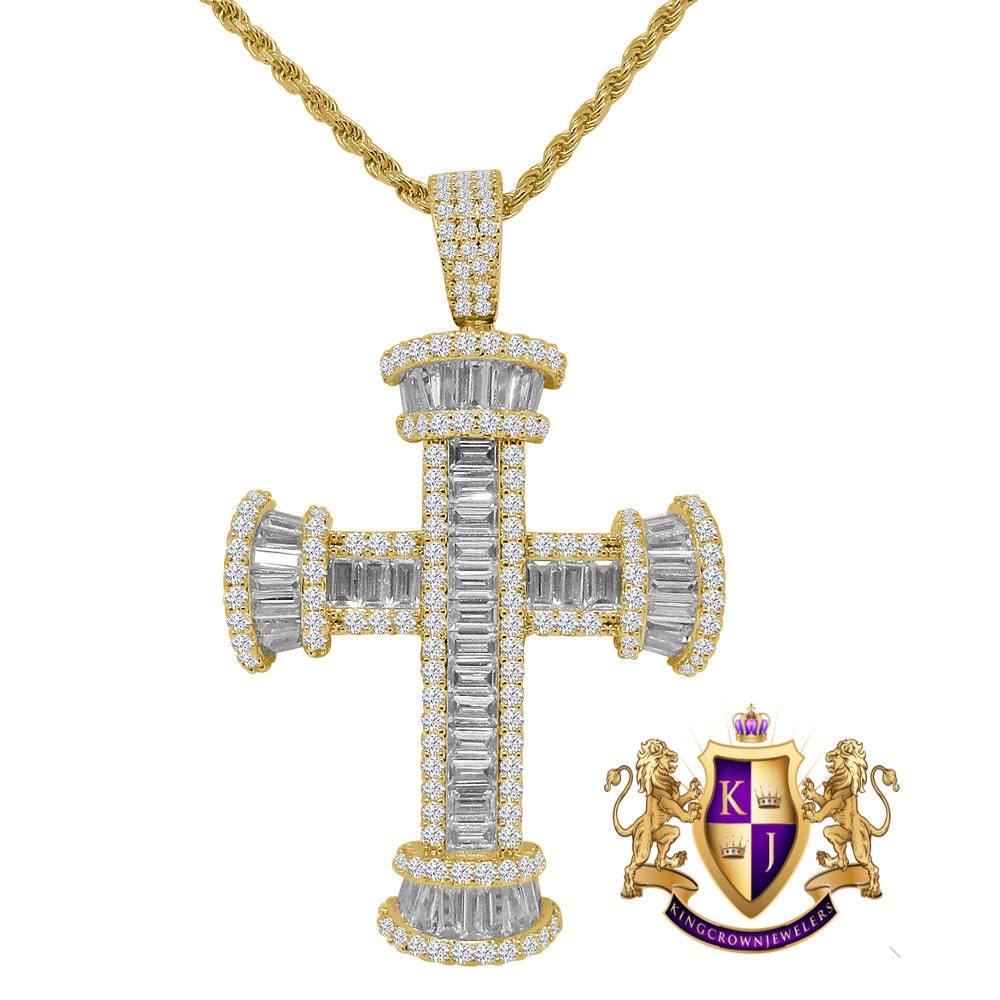 Genuine Sterling Silver Baguette 14K Gold Finish Simulated Diamond Holy Jesus Cross Charm Pendent Chain Set 2''