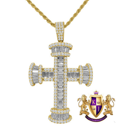 Genuine Sterling Silver Baguette 14K Gold Finish Simulated Diamond Holy Jesus Cross Charm Pendent Chain Set 2''